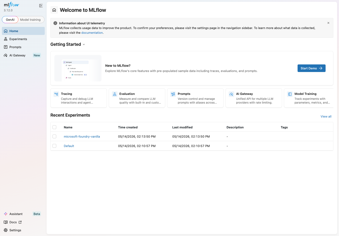 MLflow home page with the microsoft-foundry-vanilla experiment