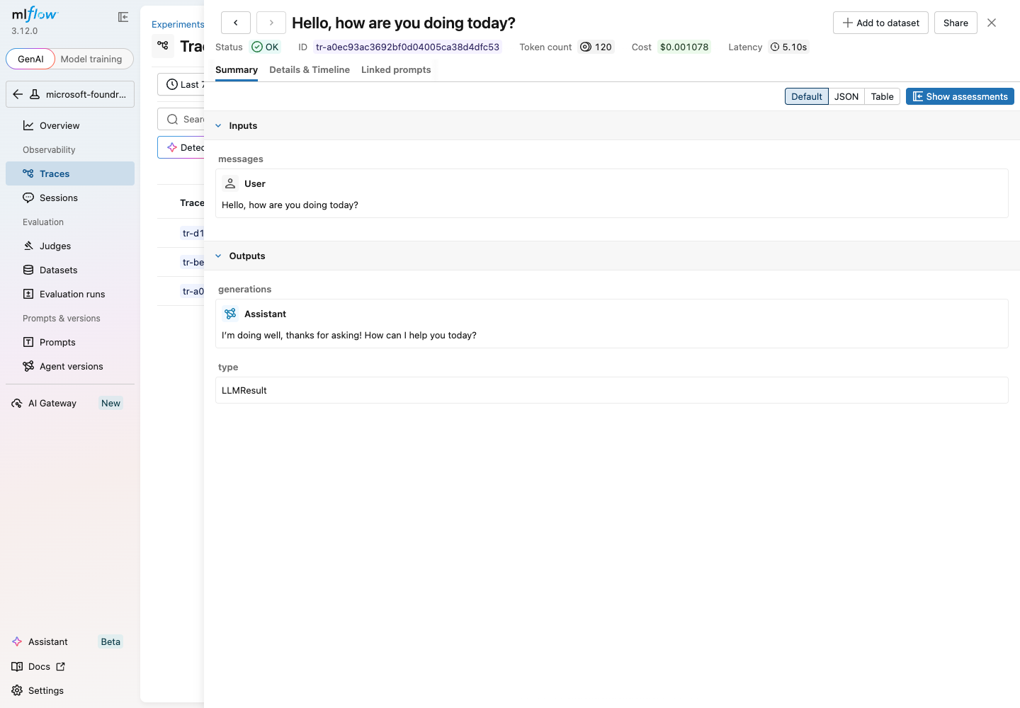 MLflow trace summary view