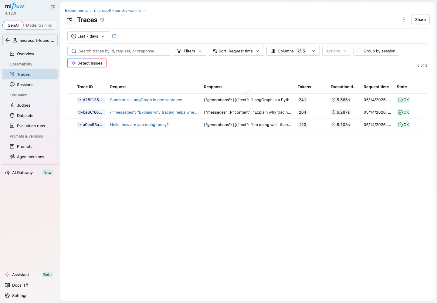 MLflow traces list
