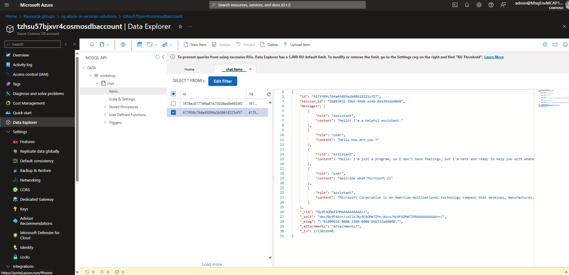 Cosmos DB Data Explorer